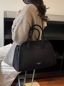 Large black suede tote bag with white lettering for women commuting and daily office use