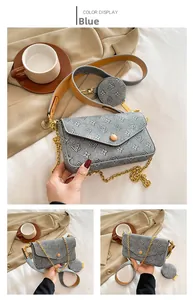 Detail of grey jacquard crossbody baguette bag with a round coin purse and chain