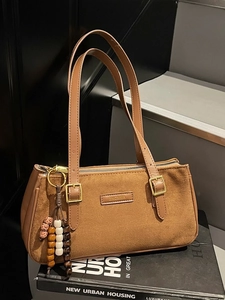 Women's Retro Matte PU Leather Underarm Bag Fashion Bowling Shoulder Bag With Wooden Bead Pendant Minimalist Commuter Tote