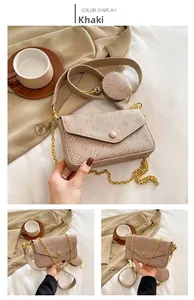 Detail of khaki baguette bag with textured monogram, round coin purse and chain strap