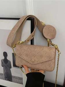 Three-in-one nude pink crossbody bag with wide floral strap and small round coin purse