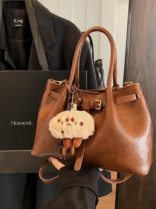 Vintage PU Leather Tote Bag For Women Fashion Small Bucket Shoulder Bag With Plush Pendant Crossbody Handbag For Daily Use