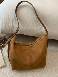 Minimalist large brown suede tote bag for women with retro hobo shoulder strap design