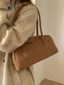 Sac Sous le Bras Rétro en Cuir PU pour Femmes Texture Daim Surpiqûres Contrastées Double Fermeture Éclair Sac à Main Baguette