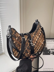 Chic retro woven checkered hobo bag with adjustable leather strap and silver buckle