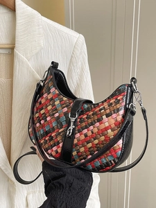 Multi-color rainbow woven leather hobo bag with black handle and silver metal hook buckle