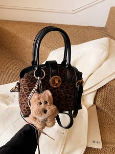 Women Retro Faux Suede Shell Bag Fashion PU Patchwork Crossbody Bag With Plush Dog Pendant Round Metal Twist Lock Shoulder Bag