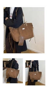 Details einer dunkelbraunen Wildleder-Tragetasche mit karierter Schleife und Mini-Etui