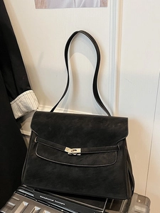 Vintage black faux suede briefcase handbag with classic metal twist lock and shoulder strap