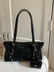 Vintage black faux leather tote bag with silver studs and detachable small coin purse