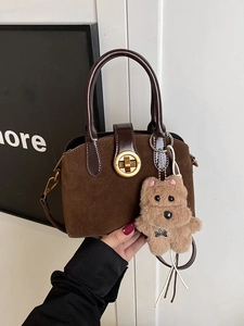 Retro brown suede shell bag with gold metal buckle and cute plush bear charm