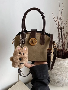 Retro faux suede shell bag with golden lock and plush puppy charm for women