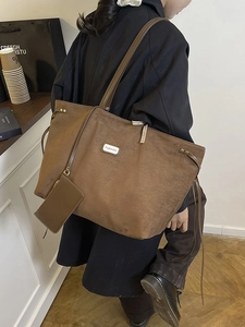 Women Large Capacity PU Tote Bag Suede Look Vintage Shoulder Bag With Detachable Pouch Plaid Bow Ribbon Retro Commuter Bag