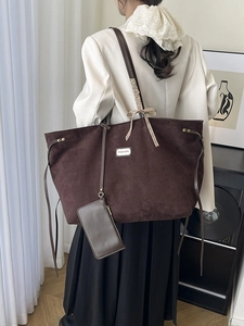 Large dark brown faux suede tote bag with checkered bow and fashion patch detail