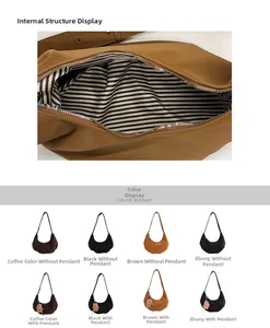 Détails du grand sac croissant en daim avec doublure rayée et quatre options de couleur