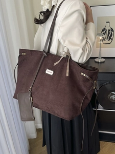 Large dark brown suede tote bag for women with fashion plaque and checkered bow decoration