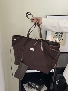 Large dark brown faux suede tote bag with ribbon detail and small matching pouch