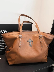 Vintage Large Capacity PU Leather Tote Bag For Women With Cross Pendant And Star Rivets Gothic Punk Shoulder Crossbody Bag