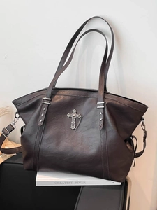 Vintage gothic dark brown leather tote bag with metallic cross pendant and star studs
