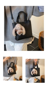 Detail of black lychee grain tote bag featuring a cute grey plush bunny charm and strap