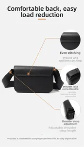 Detail of adjustable shoulder strap and precision stitching on black crossbody bag