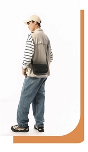 Minimalist black flap crossbody bag shown on model with urban casual streetwear styling