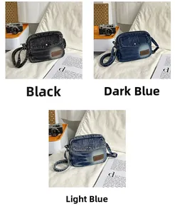 Detailed comparison of vintage denim crossbody bags in black, dark blue, and light blue colors