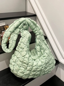 Women Fashion Quilted Padded Shoulder Bag Large Capacity Nylon Pleated Cloud Handbag Korean Style Solid Color Underarm Bag