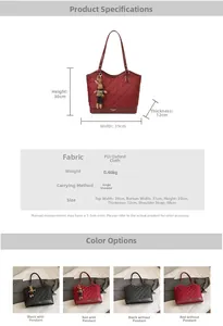 Spécifications détaillées du sac cabas matelassé avec info matière et variantes de couleur