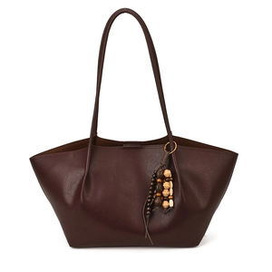 Retro dark brown large capacity tote bag with vintage wooden bead pendant accessory