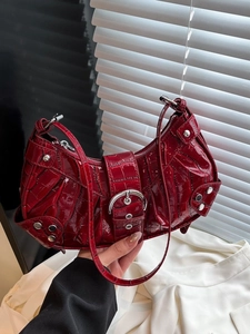 Women Croc Embossed PU Leather Shoulder Bag Retro Punk Rivet Hobo Bag Silver Buckle Y2K Underarm Bag Motorcycle Handbag