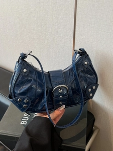 Vintage navy blue crocodile embossed leather motorcycle shoulder bag with silver rivets