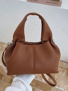 Women Casual Lychee Pattern PU Leather Cloud Shoulder Bag Retro Ruched Hobo Bag With Adjustable Strap Solid Color Handbag
