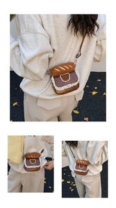 Detailed views of a brown crossbody bag with bear patch and bread-shaped plush top decoration