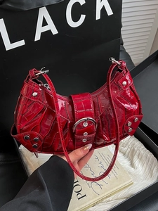 Chic red faux crocodile leather shoulder bag with silver studs and buckles in a gift box