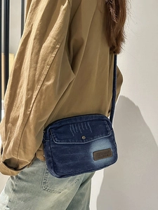 Vintage washed blue denim crossbody bag for women with 7Street Jeans leather label