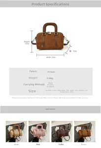Detailed dimensions and color palette of the retro suede and PU patchwork barrel bag