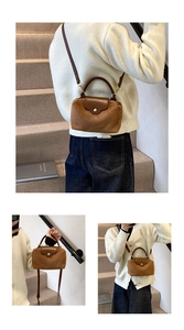 Brown lychee leather crossbody bag shown in lifestyle outdoor and studio poses