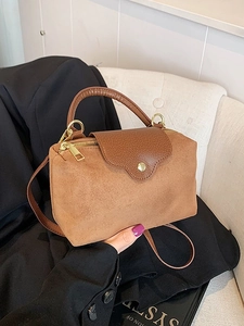 Brown nylon patchwork crossbody bag with velvet texture and top handle for women