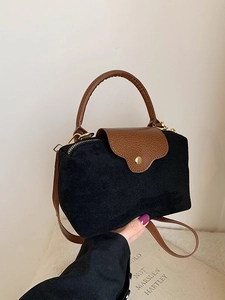 Black faux suede and brown leather small crossbody bag with gold snap buckle for women