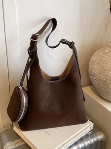 Minimalist dark brown leather Hobo bag with white contrast stitching and coin purse