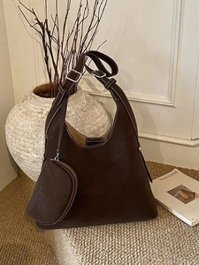 Minimalist retro dark brown large tote bag with contrast stitching and matching pouch