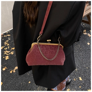 Deep burgundy velvet frame bag with leopard print texture and vintage metal closure