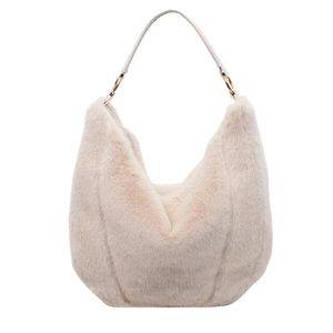 Chic cream faux fur tote bag with a leather strap and gold rings for autumn