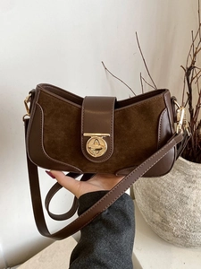 Retro Women Splicing Suede PU Leather Shoulder Bag Minimalist Underarm Bag With Round Metal Lock Fashion Crossbody Bag For Daily