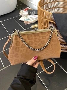 Vintage Leopard Print Kiss-lock Shoulder Bag PU Leather Suede Texture Doctor Style Handbag For Women With Chain Strap