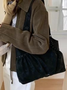 Vintage Large Capacity PU Leather Suede Texture Tote Bag For Women Rivets Pleated Shoulder Bag Casual Fashion Handbag