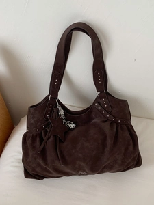 Retro large brown suede tote bag with silver studs, star charm and pleated details