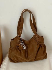 Vintage large coffee suede tote bag with silver rivets and star lock charm detail