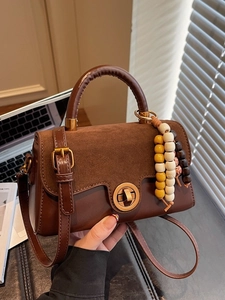 Women Retro PU Patchwork Shoulder Bag With Bead Pendant Crossbody Handbag Stylish Small Square Bag For Daily Use